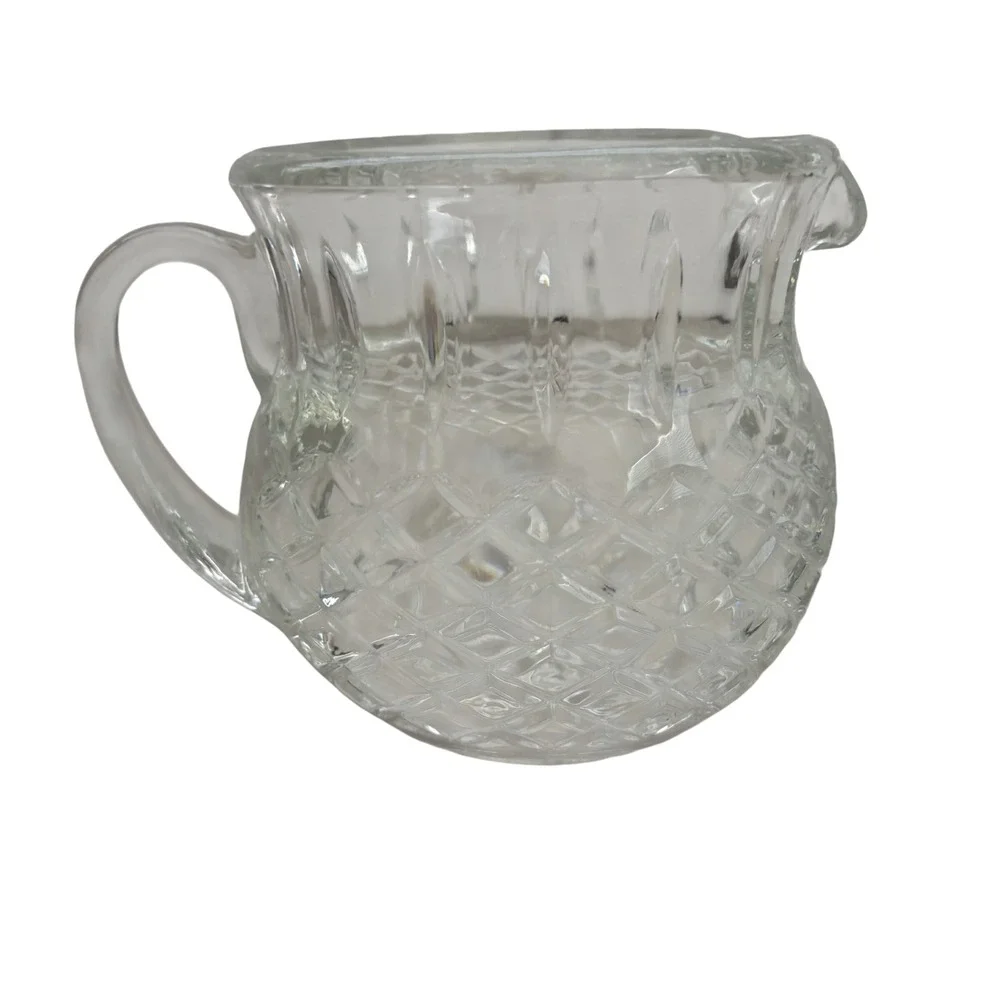 Vintage Clear Pressed Glass Creamer Pitcher Diamond Point Starburst Base 3.75in